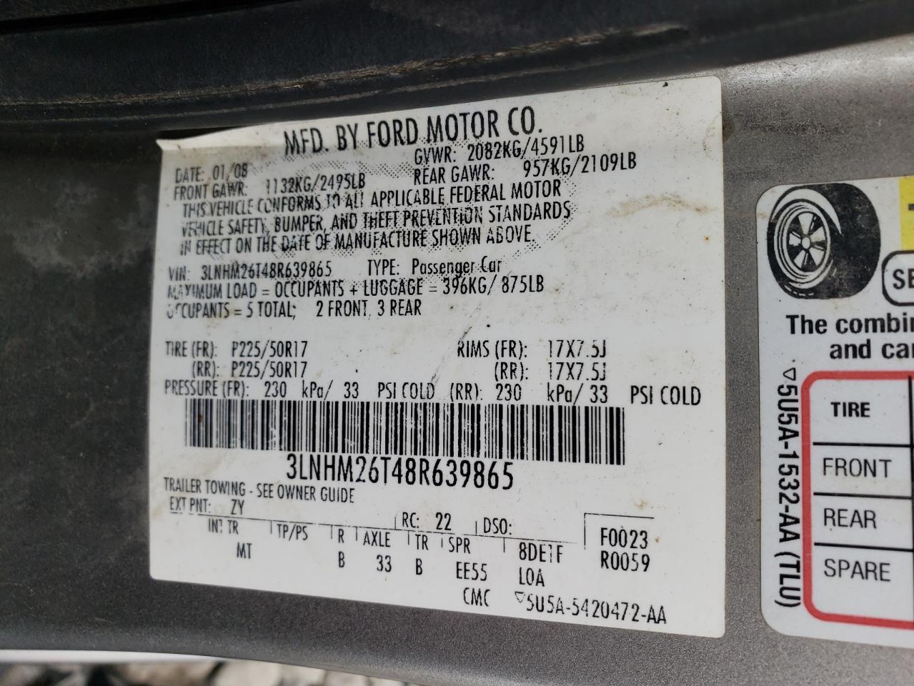 Photo 10 from auction – 2008 LINCOLN MKZ with VIN 3LNHM26T48R639865