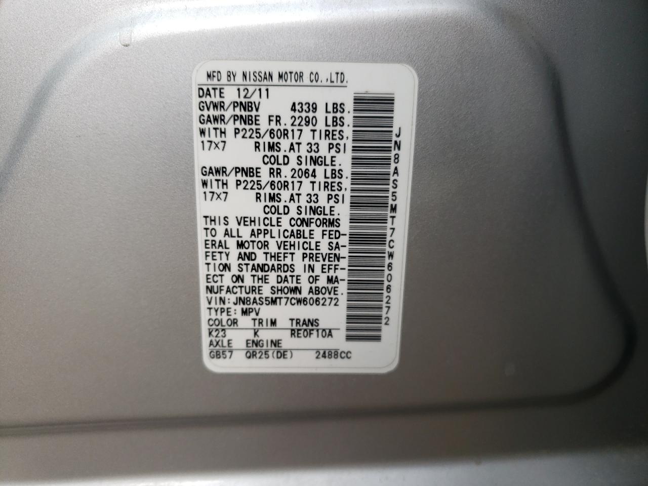 Photo 10 from auction – 2012 NISSAN ROGUE S with VIN JN8AS5MT7CW606272