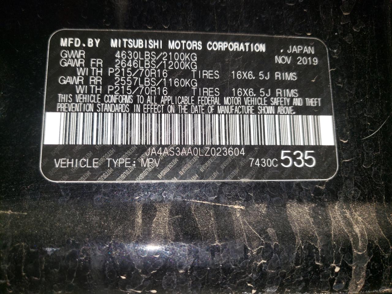 Photo 10 from auction – 2020 MITSUBISHI ECLIPSE CR with VIN JA4AS3AA0LZ023604
