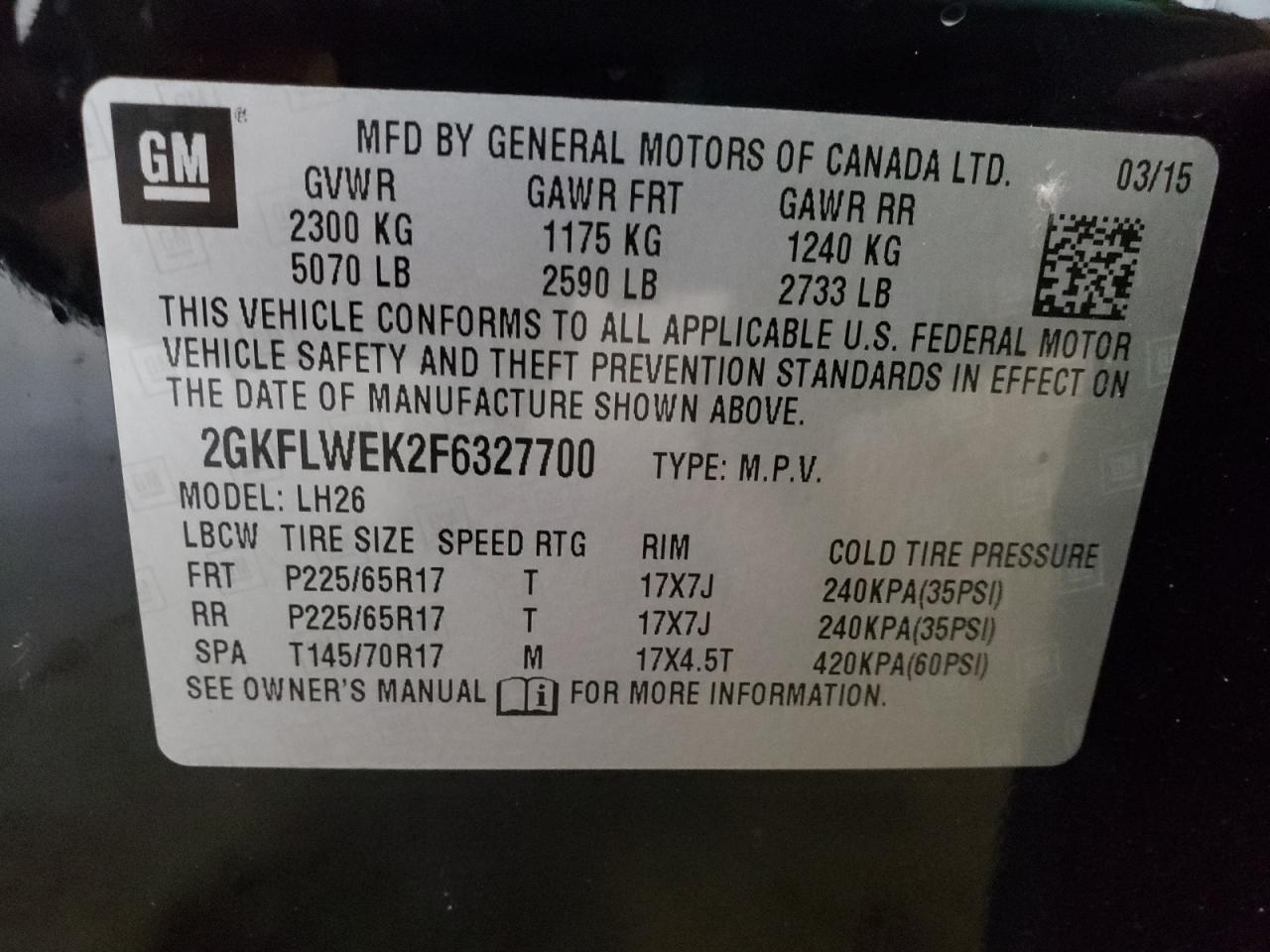 Photo 10 from auction – 2015 GMC TERRAIN SL with VIN 2GKFLWEK2F6327700
