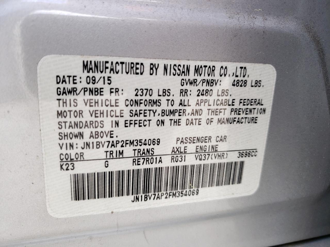 Photo 11 from auction – 2015 INFINITI Q50 BASE with VIN JN1BV7AP2FM354069