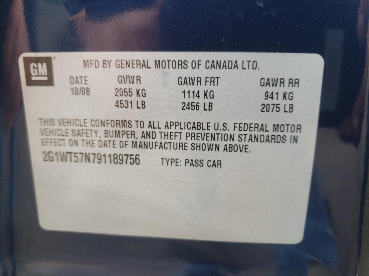 Photo 10 from auction – 2009 CHEVROLET IMPALA 1LT with VIN 2G1WT57N791189756