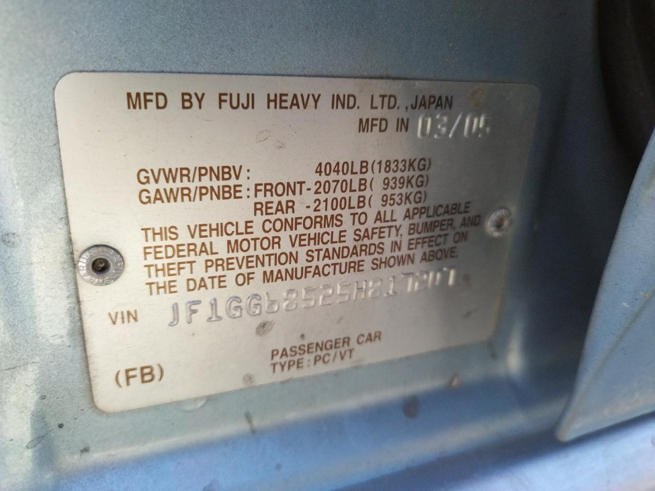 Photo 10 from auction – 2005 SUBARU IMPREZA OU with VIN JF1GG68525H817207