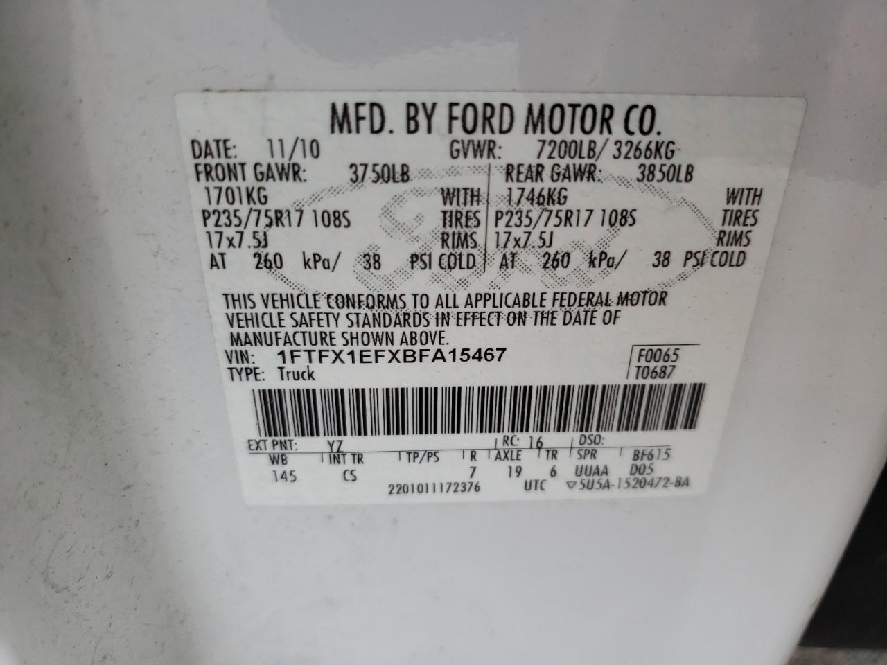 Photo 10 from auction – 2011 FORD F150 SUPER with VIN 1FTFX1EFXBFA15467