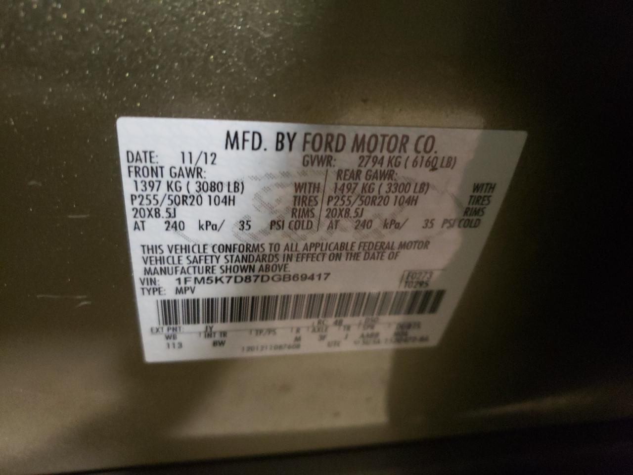 Photo 10 from auction – 2013 FORD EXPLORER X with VIN 1FM5K7D87DGB69417