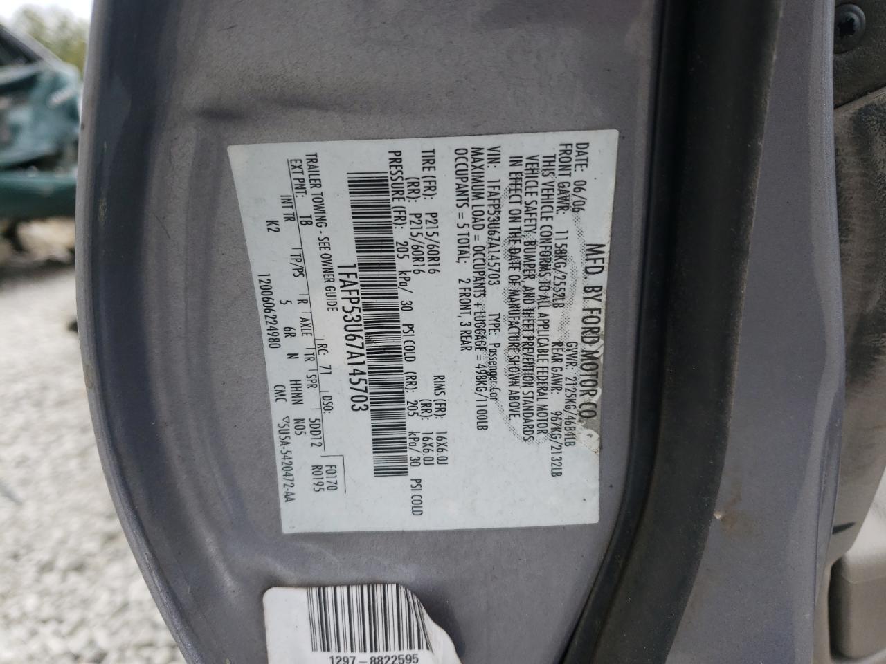 Photo 10 from auction – 2007 FORD TAURUS SE with VIN 1FAFP53U67A145703