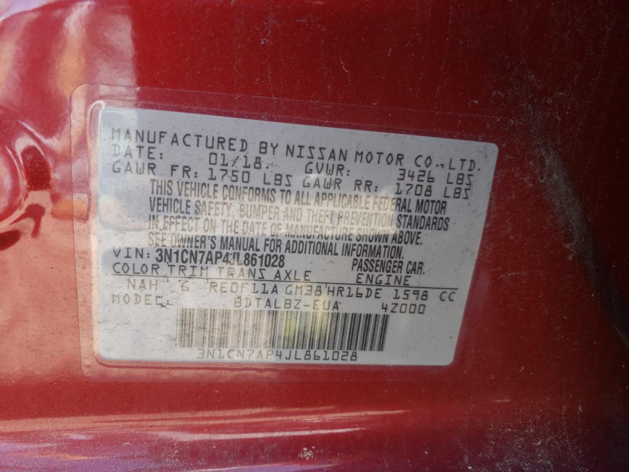 Photo 10 from auction – 2018 NISSAN VERSA S with VIN 3N1CN7AP4JL861028