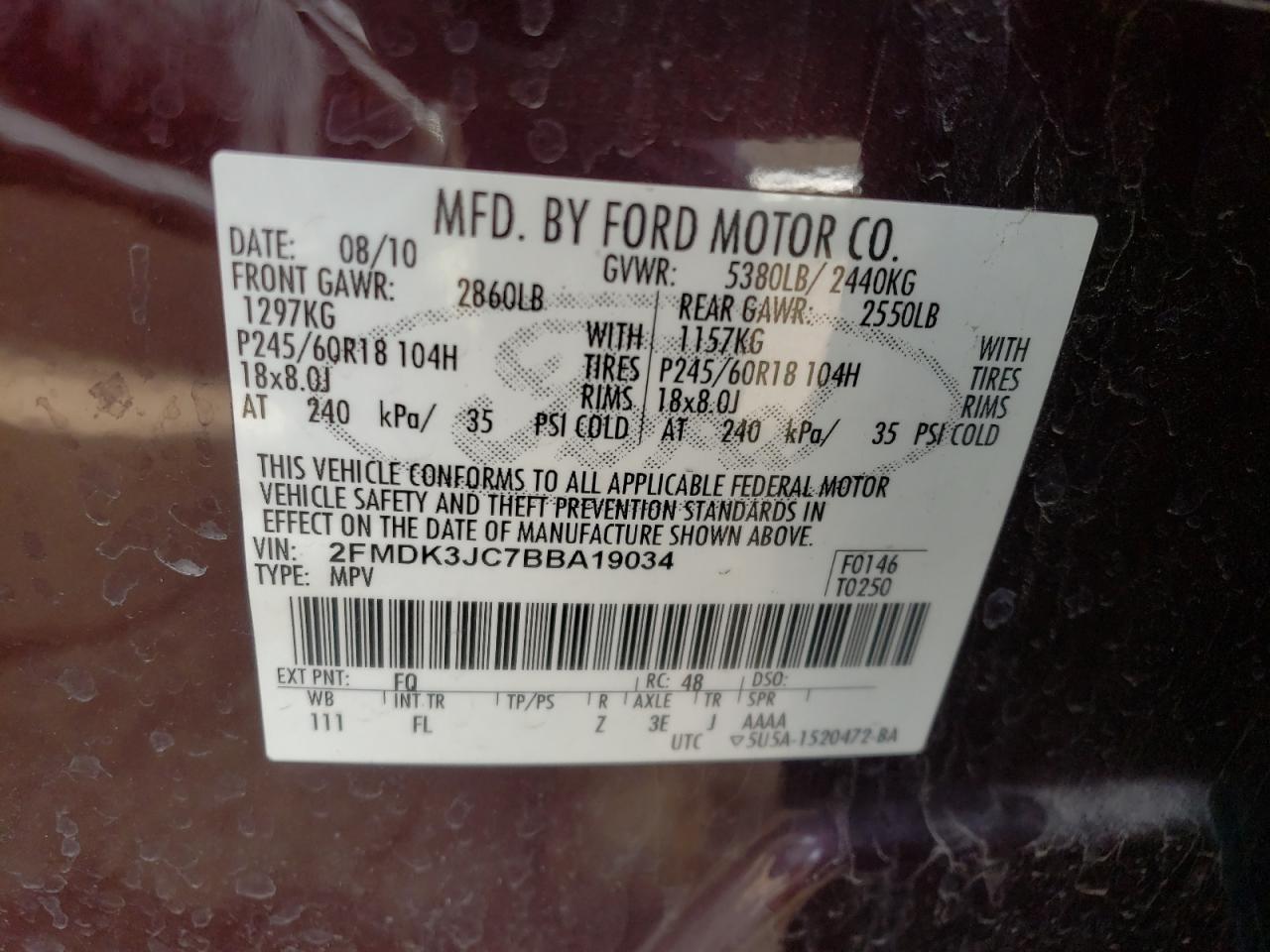 Photo 10 from auction – 2011 FORD EDGE SEL with VIN 2FMDK3JC7BBA19034