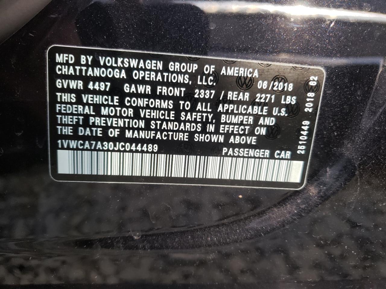 Photo 10 from auction – 2018 VOLKSWAGEN PASSAT SEL with VIN 1VWCA7A30JC044489