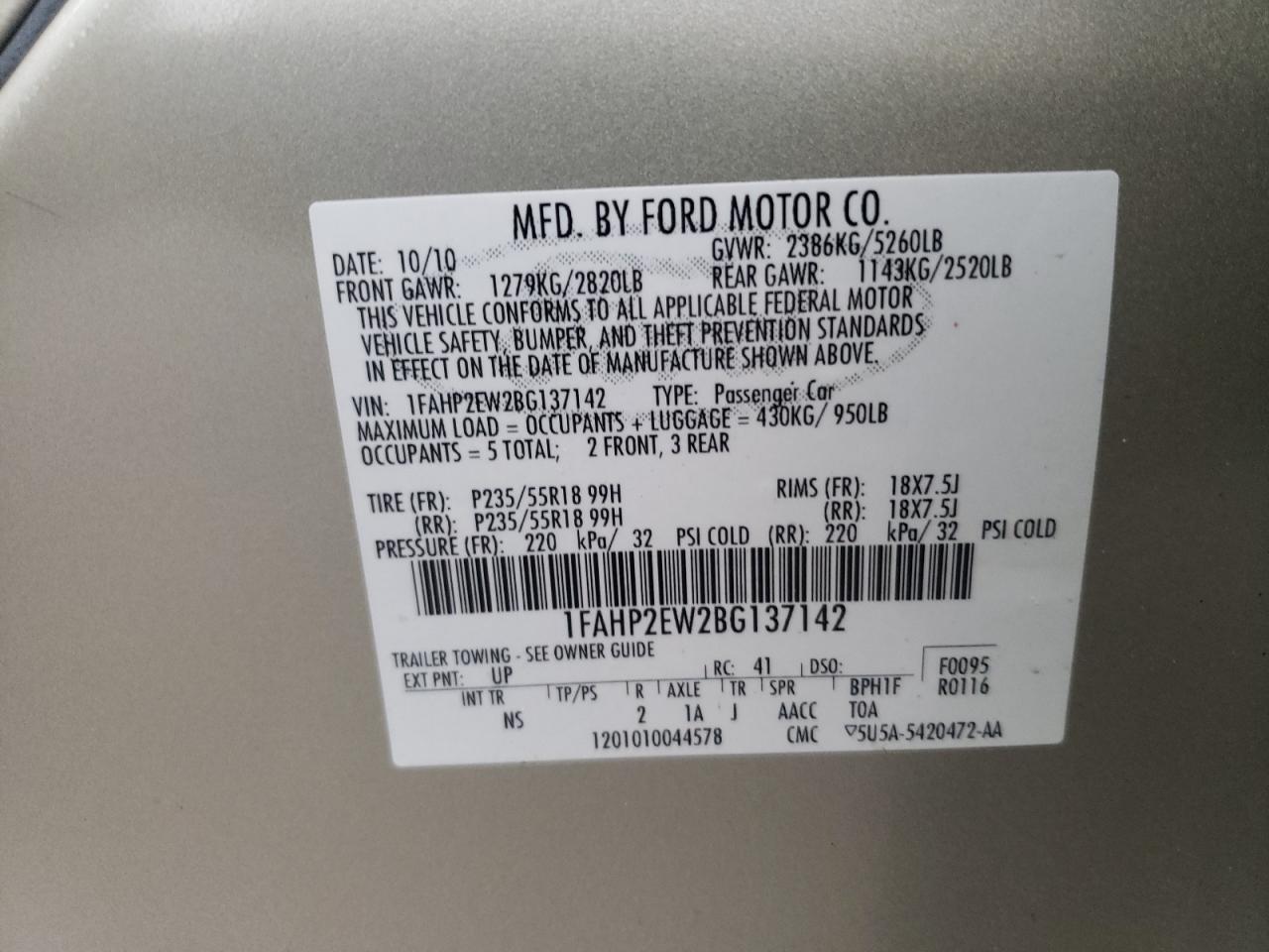 Photo 10 from auction – 2011 FORD TAURUS SEL with VIN 1FAHP2EW2BG137142