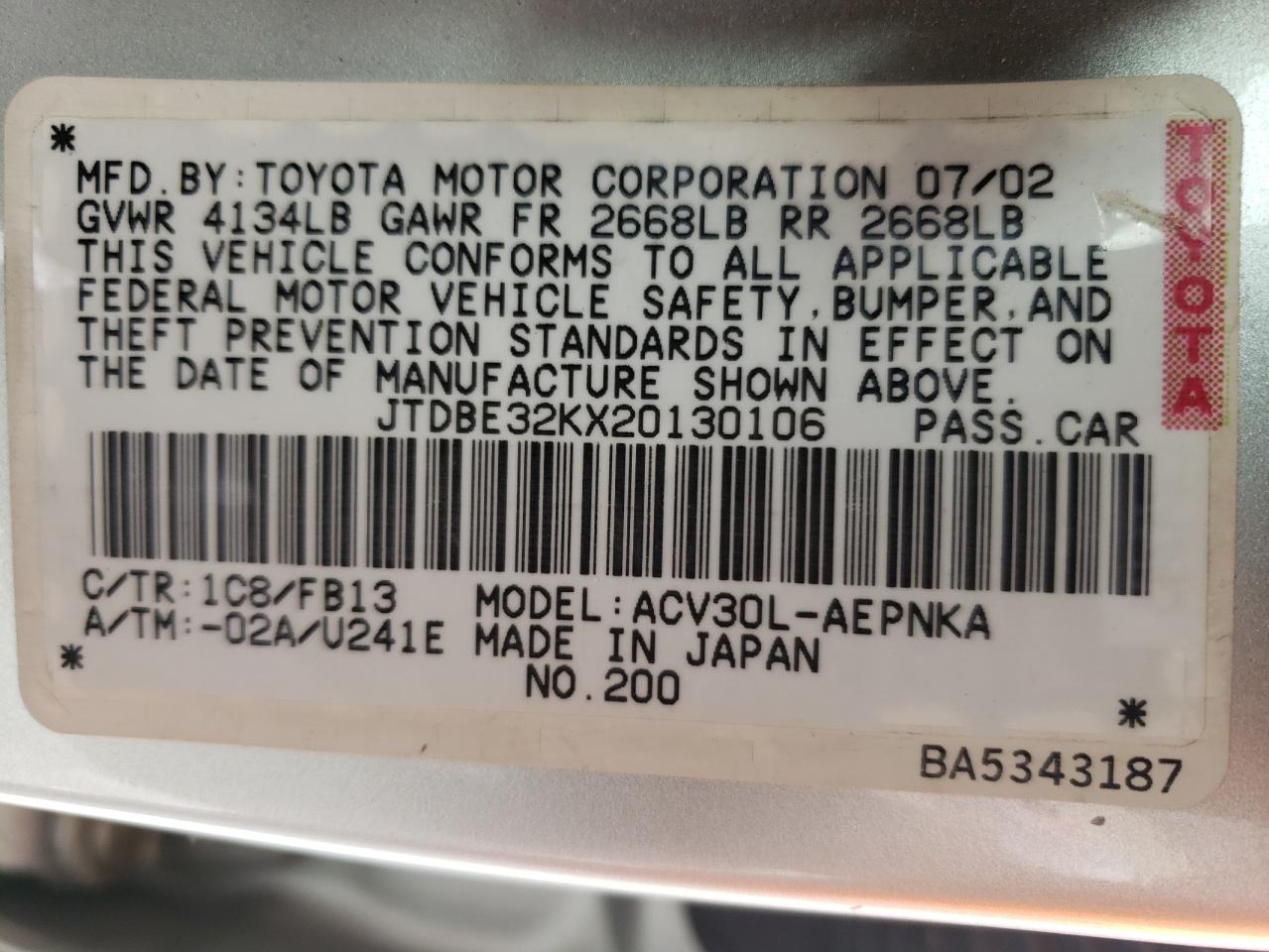 Photo 10 from auction – 2002 TOYOTA CAMRY LE with VIN JTDBE32KX20130106