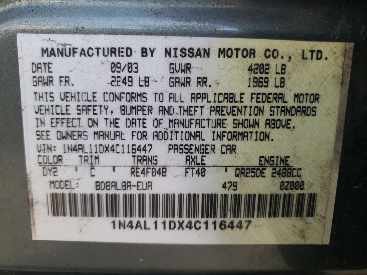 Photo 10 from auction – 2004 NISSAN ALTIMA BAS with VIN 1N4AL11DX4C116447