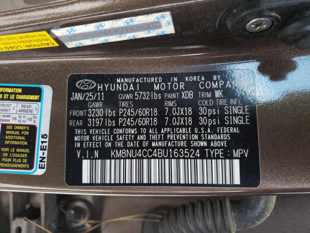 Photo 10 from auction – 2011 HYUNDAI VERACRUZ G with VIN KM8NU4CC4BU163524