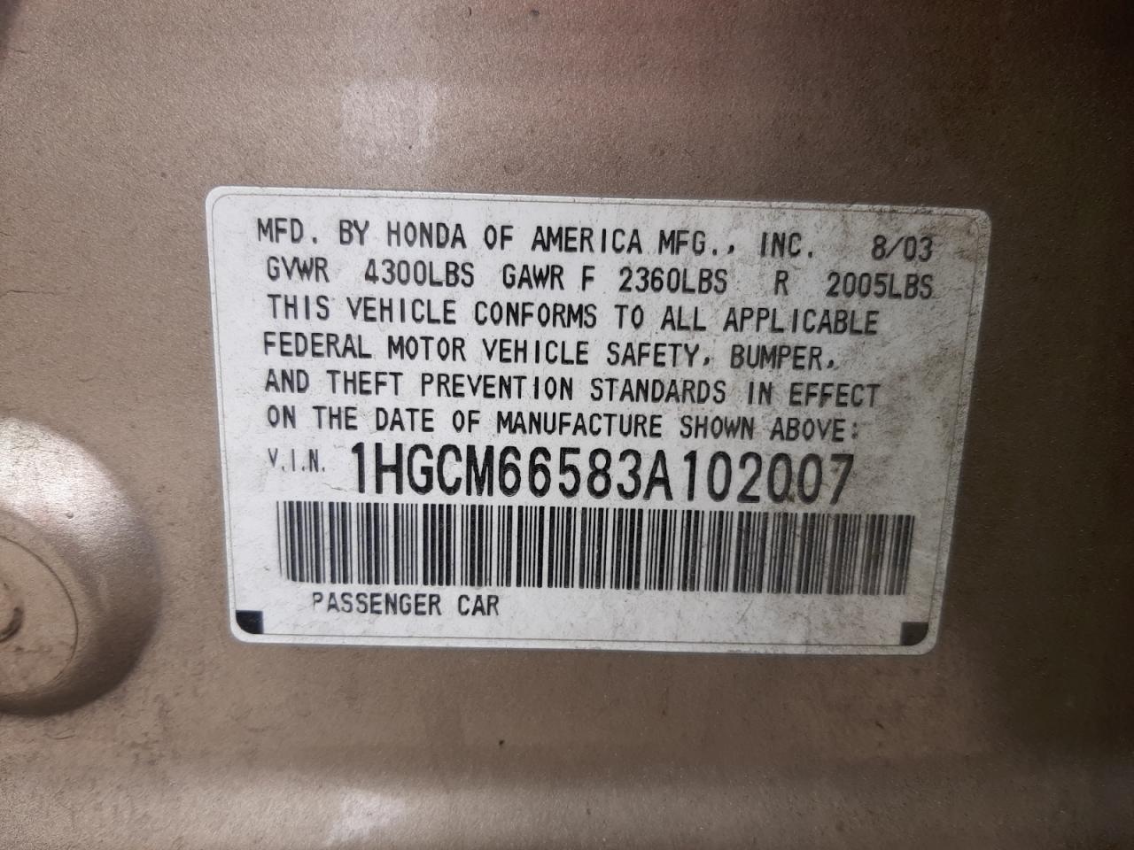 Photo 10 from auction – 2003 HONDA ACCORD EX with VIN 1HGCM66583A102007