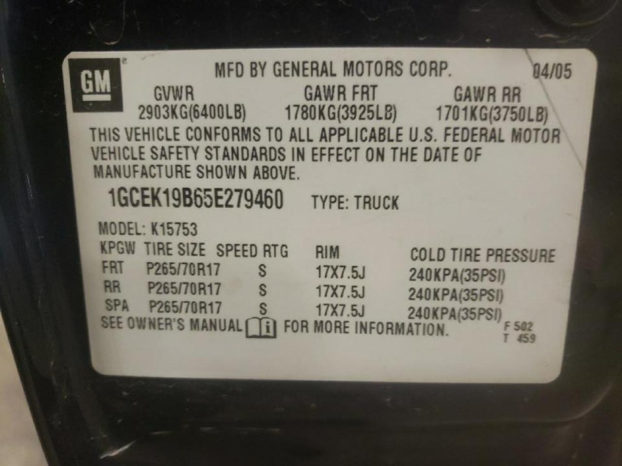 Photo 10 from auction – 2005 CHEVROLET SILVERADO with VIN 1GCEK19B65E279460
