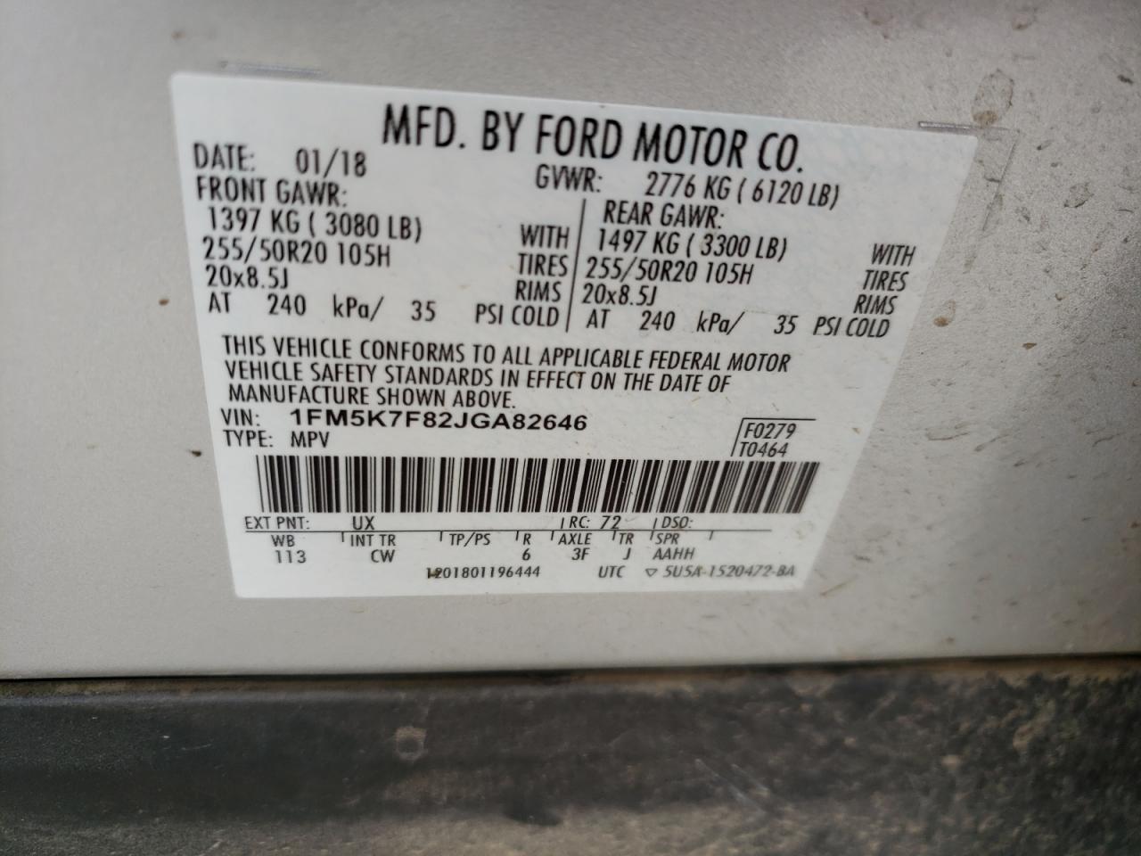 Photo 10 from auction – 2018 FORD EXPLORER L with VIN 1FM5K7F82JGA82646