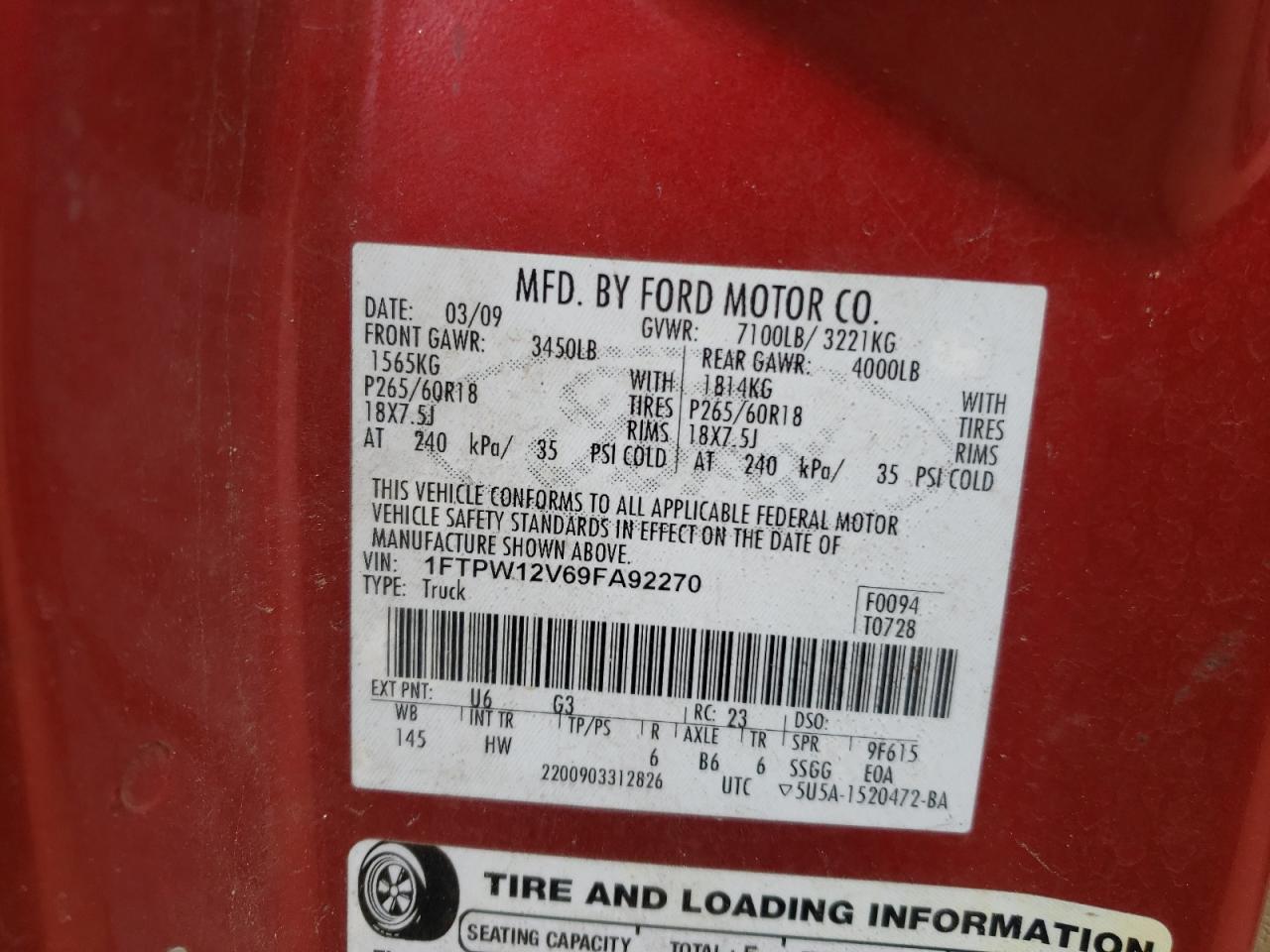Photo 10 from auction – 2009 FORD F150 SUPER with VIN 1FTPW12V69FA92270