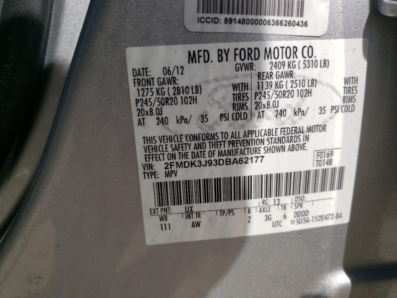 Photo 10 from auction – 2013 FORD EDGE SEL with VIN 2FMDK3J93DBA62177