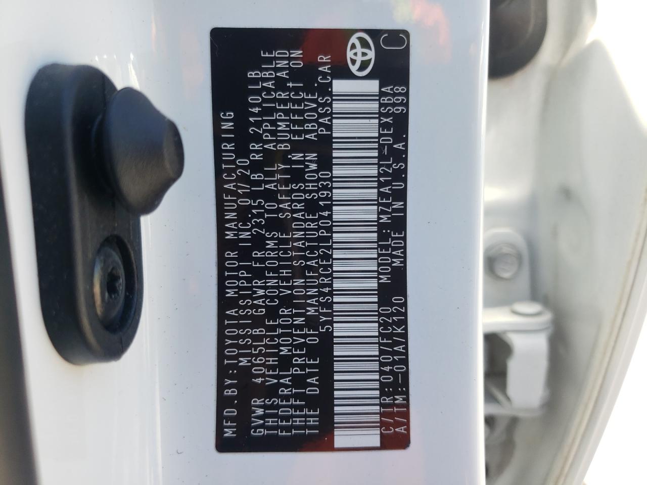 Photo 10 from auction – 2020 TOYOTA COROLLA SE with VIN 5YFS4RCE2LP041930