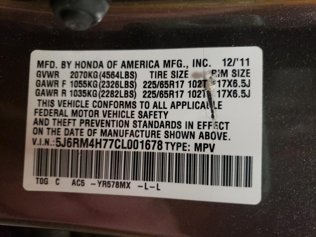 Photo 10 from auction – 2012 HONDA CR-V EXL with VIN 5J6RM4H77CL001678