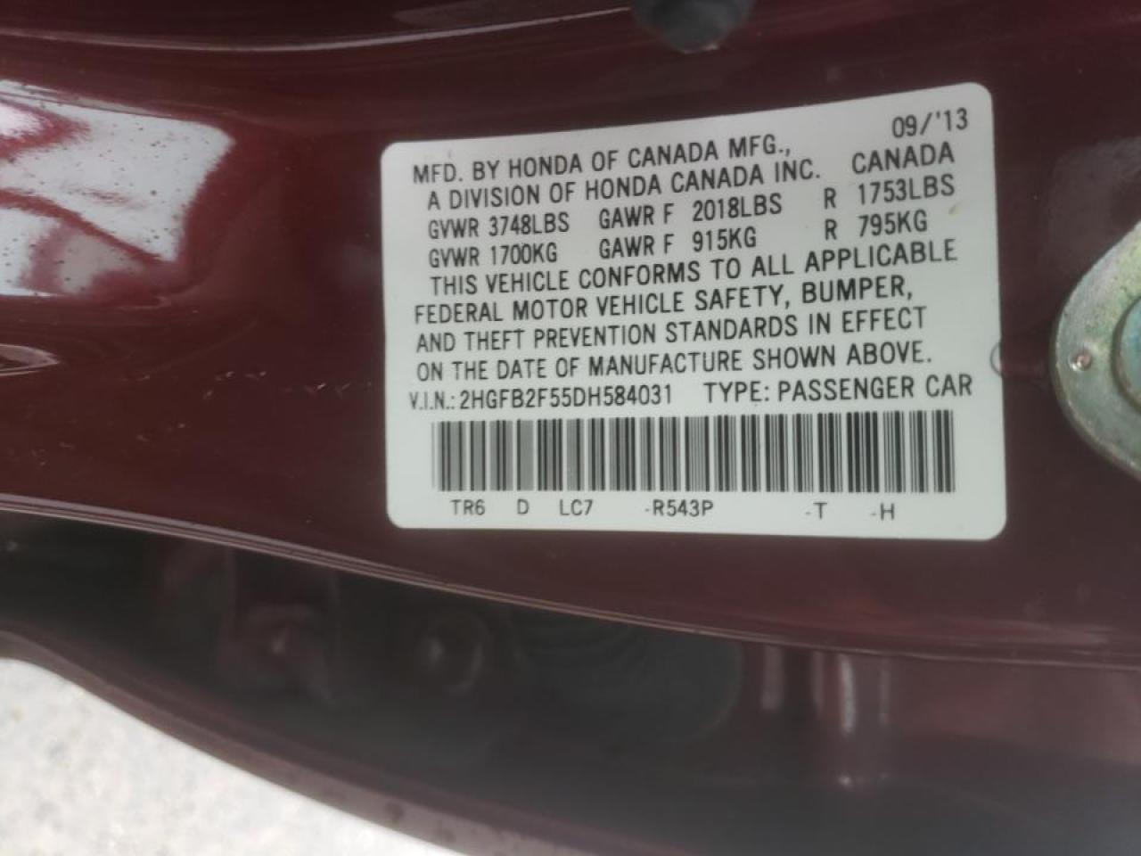Photo 10 from auction – 2013 HONDA CIVIC LX with VIN 2HGFB2F55DH584031