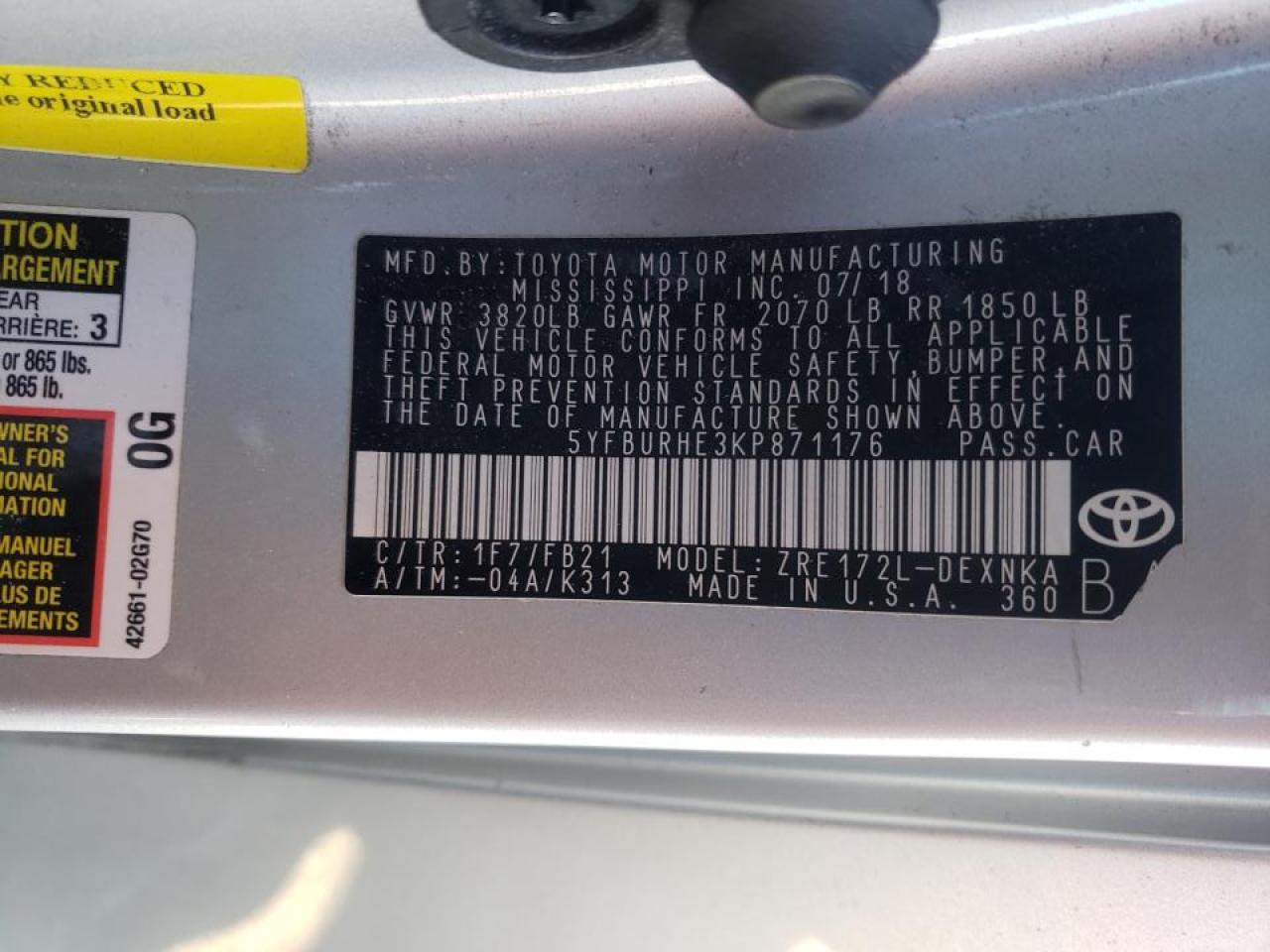 Photo 10 from auction – 2019 TOYOTA COROLLA L with VIN 5YFBURHE3KP871176