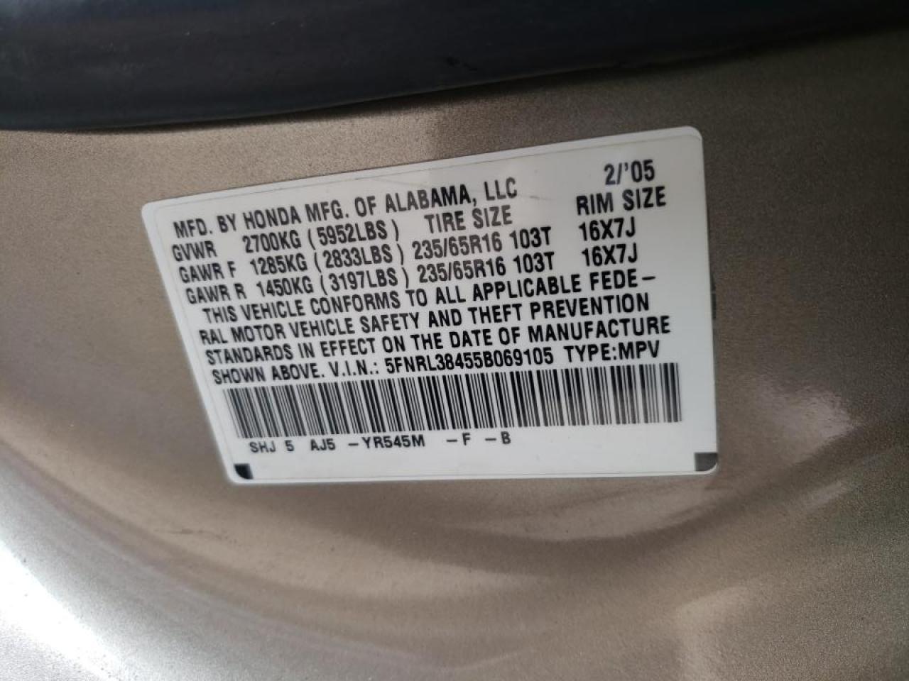Photo 10 from auction – 2005 HONDA ODYSSEY EX with VIN 5FNRL38455B069105