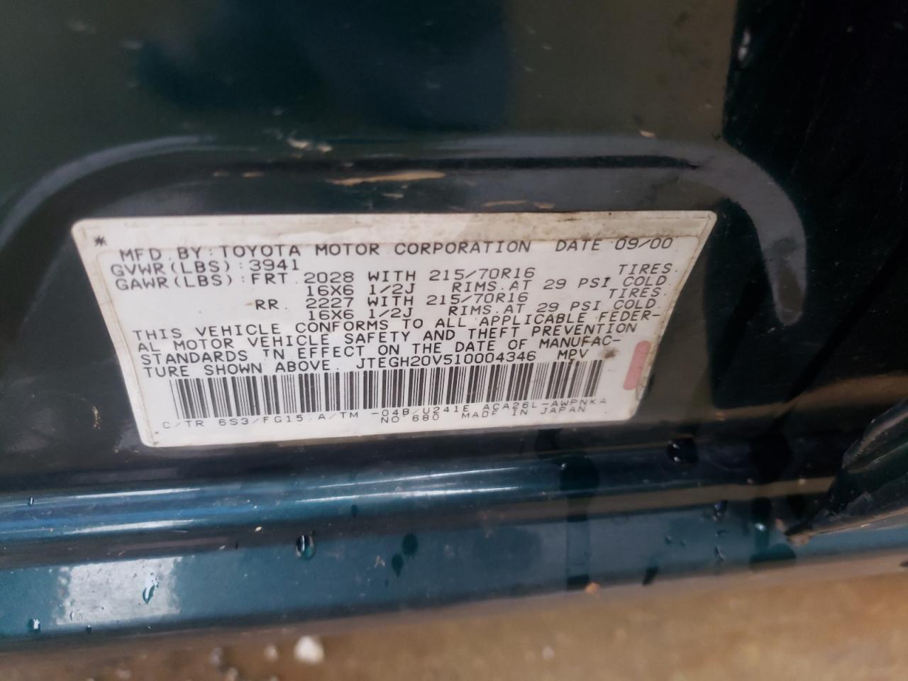 Photo 10 from auction – 2001 TOYOTA RAV4 with VIN JTEGH20V510004346