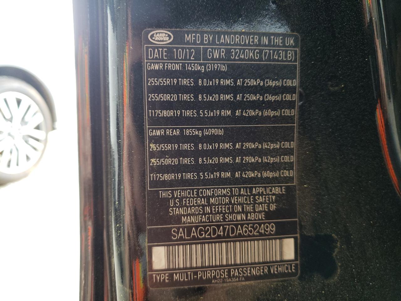 Photo 10 from auction – 2013 LAND ROVER LR4 HSE with VIN SALAG2D47DA652499