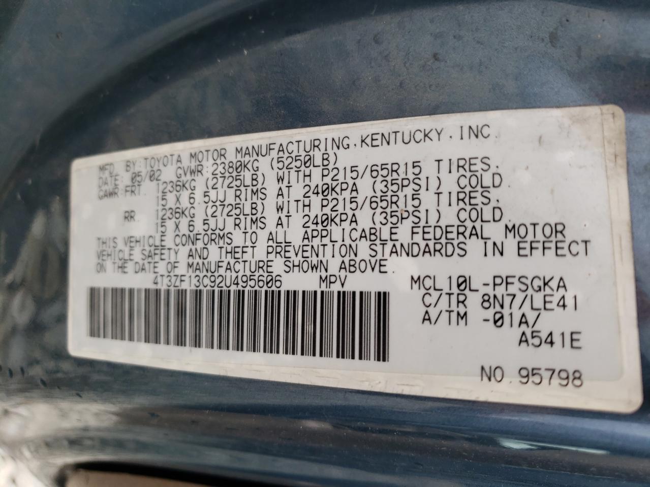 Photo 10 from auction – 2002 TOYOTA SIENNA LE with VIN 4T3ZF13C92U495606