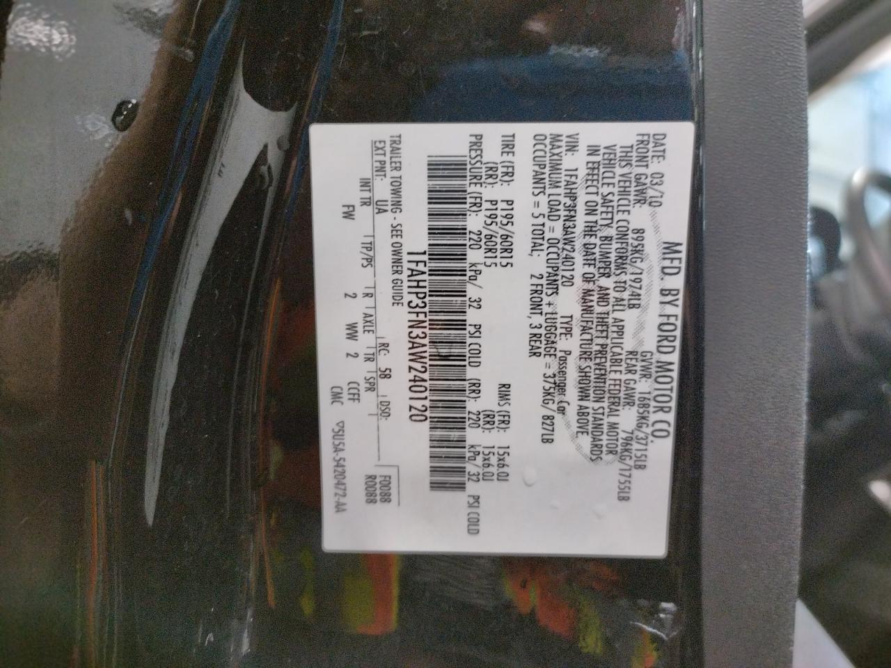 Photo 10 from auction – 2010 FORD FOCUS SE with VIN 1FAHP3FN3AW240120