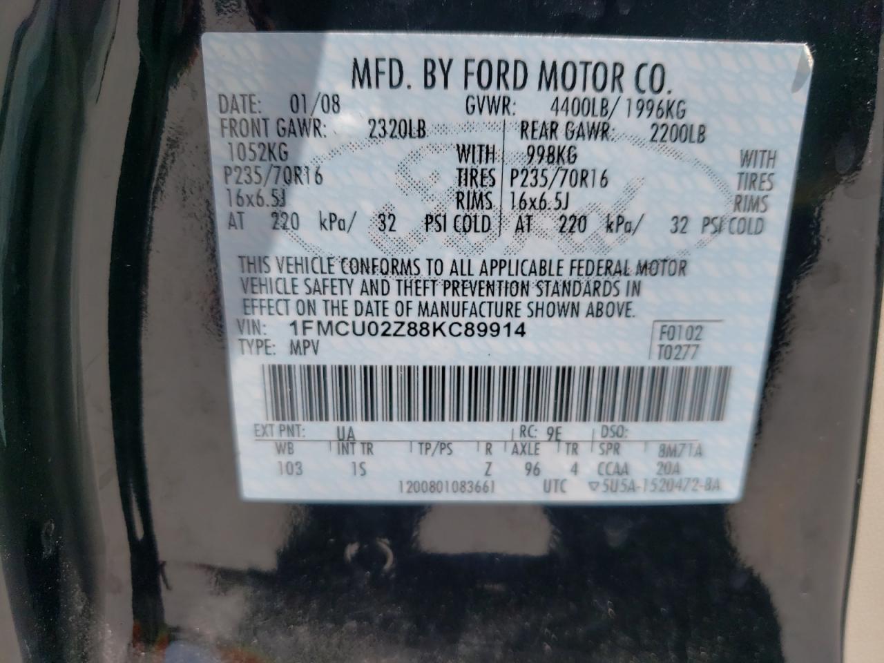 Photo 10 from auction – 2008 FORD ESCAPE XLS with VIN 1FMCU02Z88KC89914