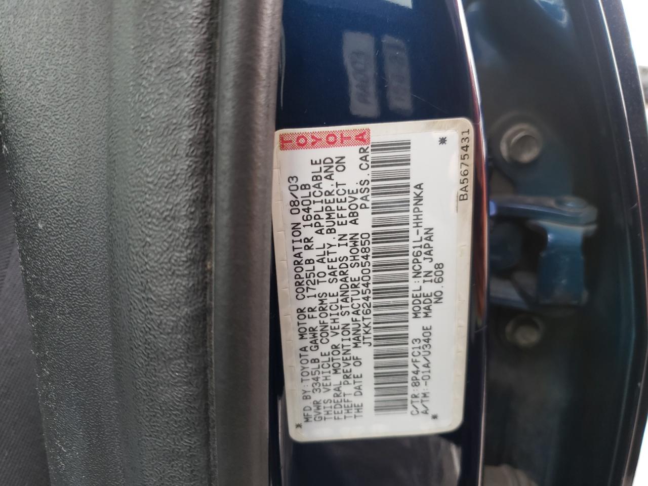 Photo 10 from auction – 2004 TOYOTA SCION XA with VIN JTKKT624540054850