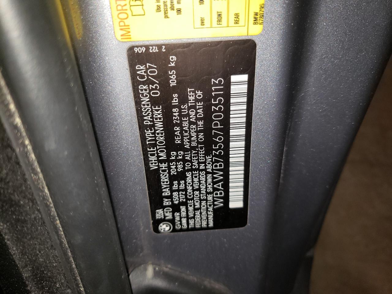 Photo 10 from auction – 2007 BMW 335 I with VIN WBAWB73567P035113