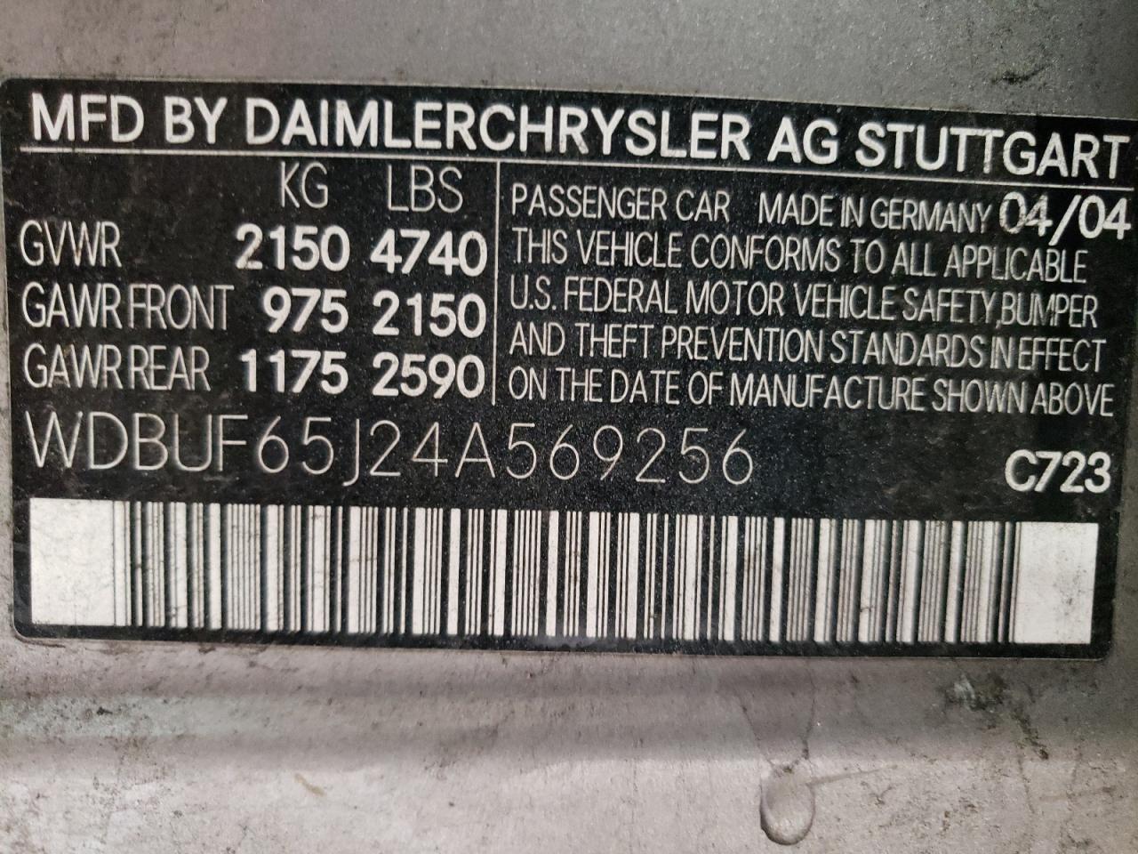 Photo 10 from auction – 2004 MERCEDES-BENZ E 320 with VIN WDBUF65J24A569256