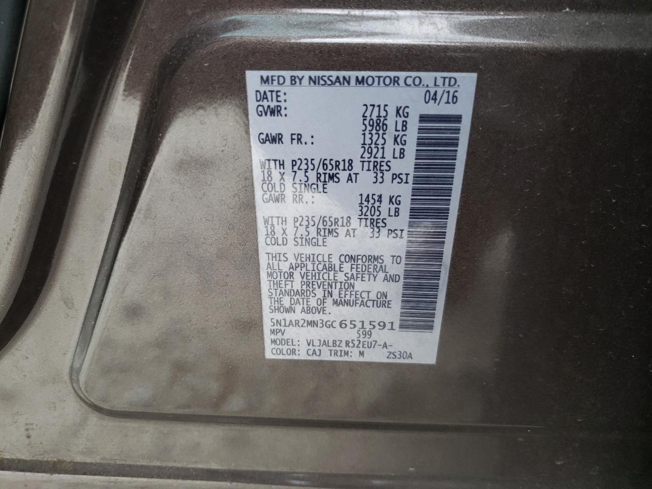 Photo 10 from auction – 2016 NISSAN PATHFINDER with VIN 5N1AR2MN3GC651591
