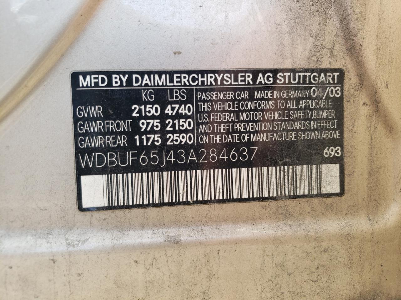 Photo 10 from auction – 2003 MERCEDES-BENZ E 320 with VIN WDBUF65J43A284637