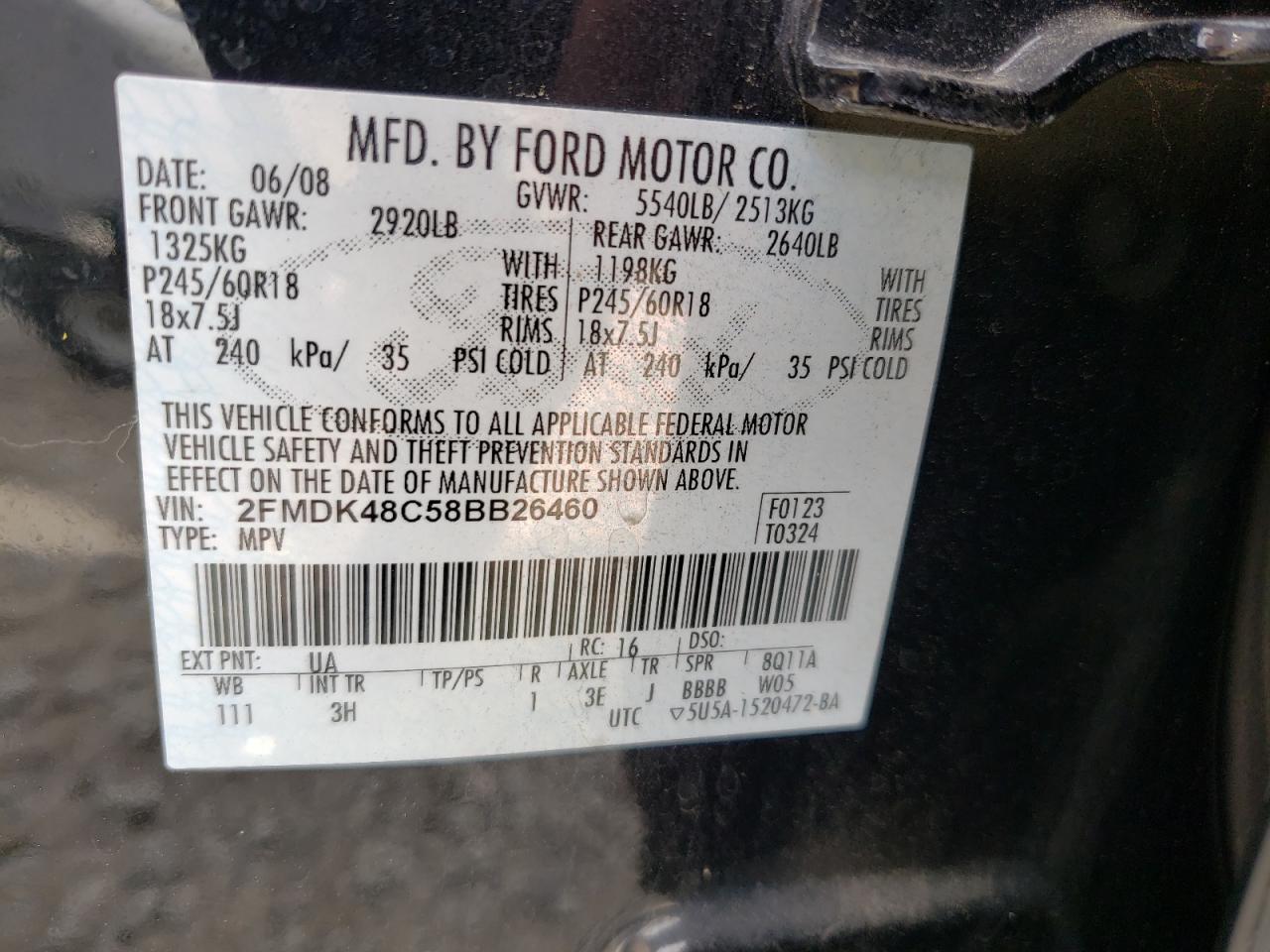 Photo 10 from auction – 2008 FORD EDGE SEL with VIN 2FMDK48C58BB26460