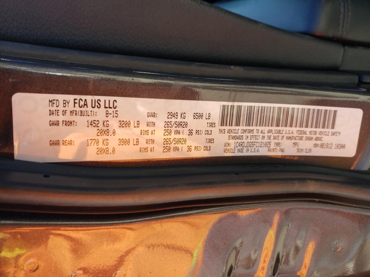 Photo 10 from auction – 2015 DODGE DURANGO LI with VIN 1C4RDJDG5FC121025
