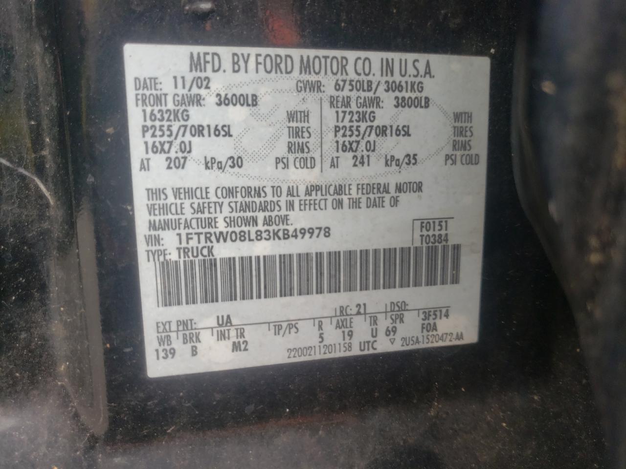 Photo 10 from auction – 2003 FORD F150 SUPER with VIN 1FTRW08L83KB49978