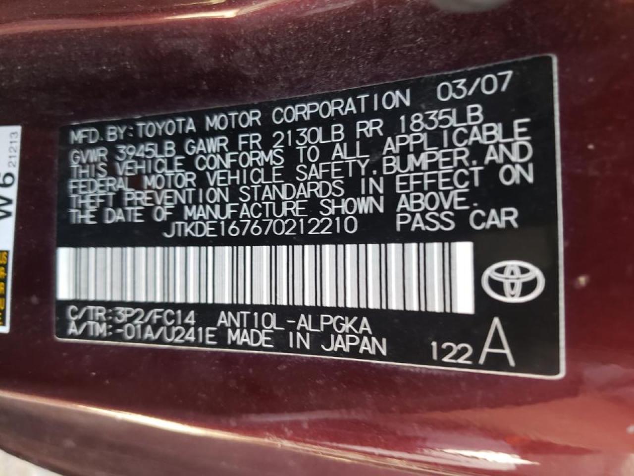 Photo 10 from auction – 2007 SCION TC with VIN JTKDE167670212210