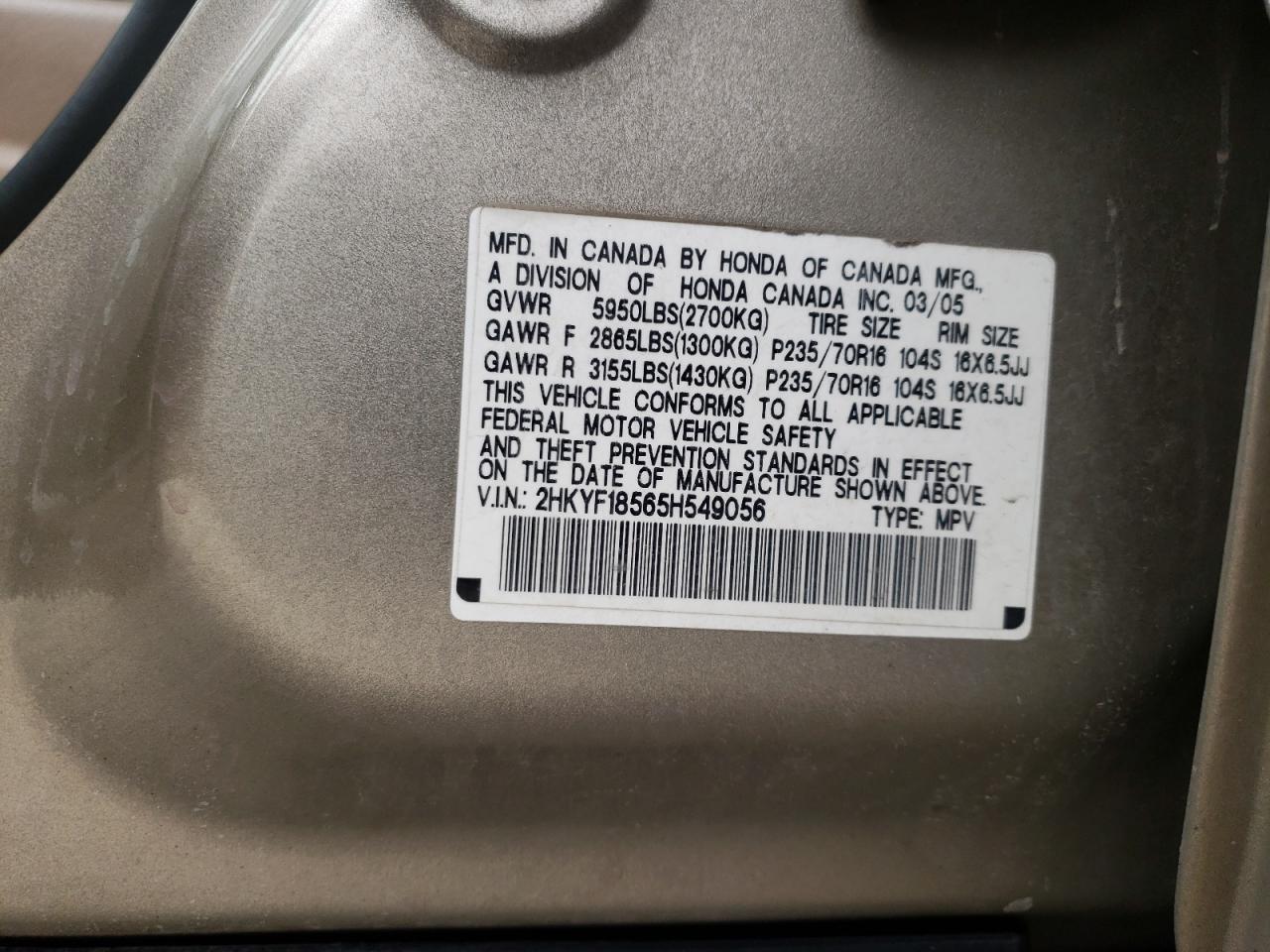 Photo 10 from auction – 2005 HONDA PILOT EXL with VIN 2HKYF18565H549056