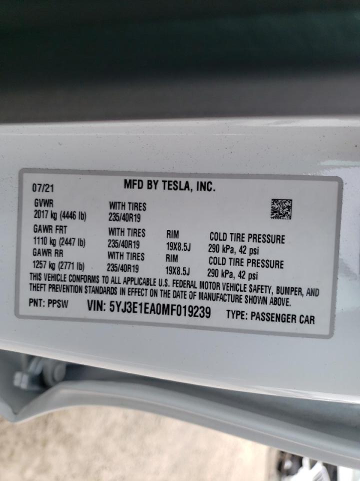 Photo 10 from auction – 2021 TESLA MODEL 3 with VIN 5YJ3E1EA0MF019239