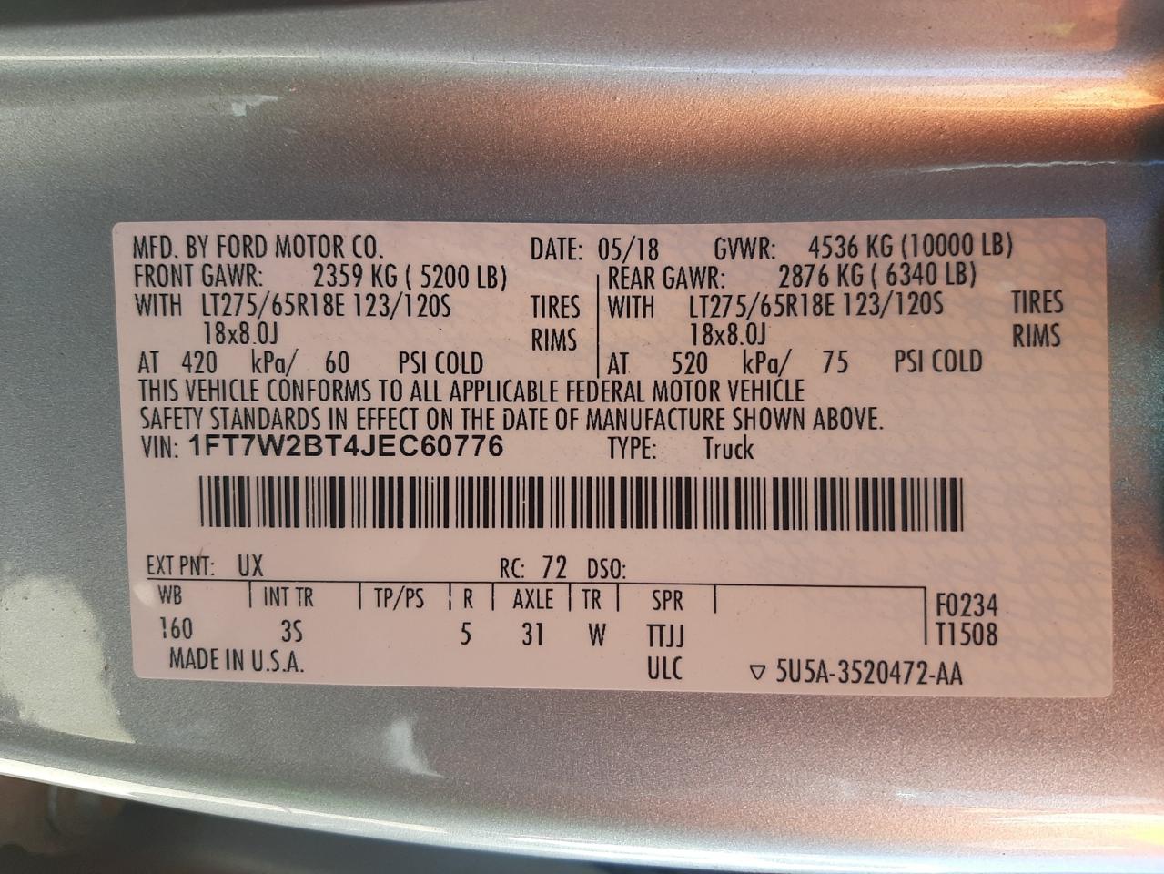 Photo 10 from auction – 2018 FORD F250 SUPER with VIN 1FT7W2BT4JEC60776