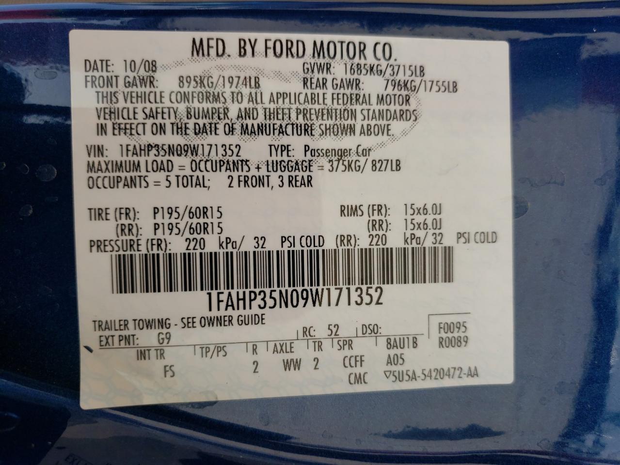Photo 10 from auction – 2009 FORD FOCUS SE with VIN 1FAHP35N09W171352