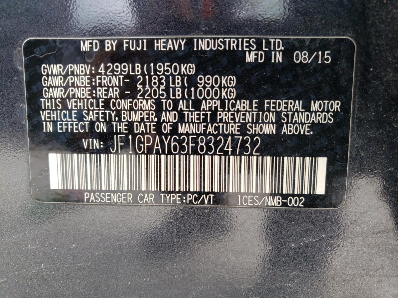 Photo 10 from auction – 2015 SUBARU IMPREZA SP with VIN JF1GPAY63F8324732