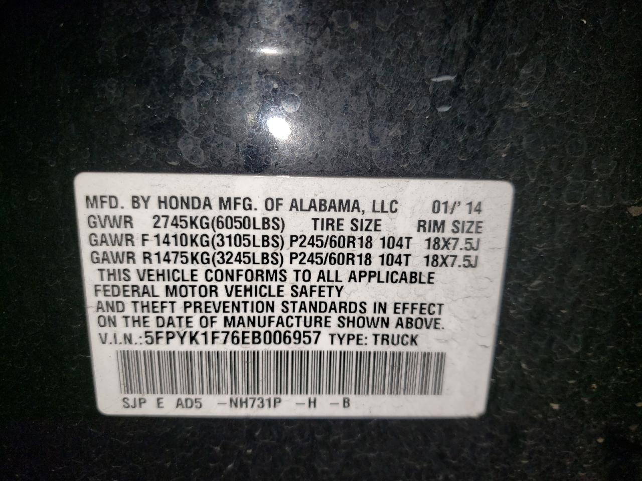 Photo 10 from auction – 2014 HONDA RIDGELINE with VIN 5FPYK1F76EB006957