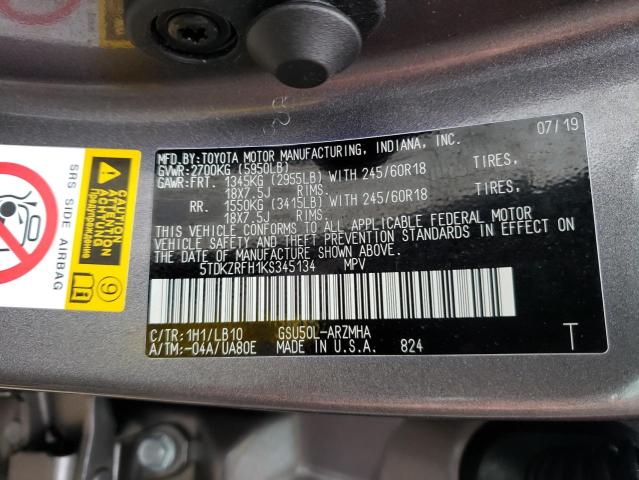 Photo 10 from auction – 2019 TOYOTA HIGHLANDER with VIN 5TDKZRFH1KS345134