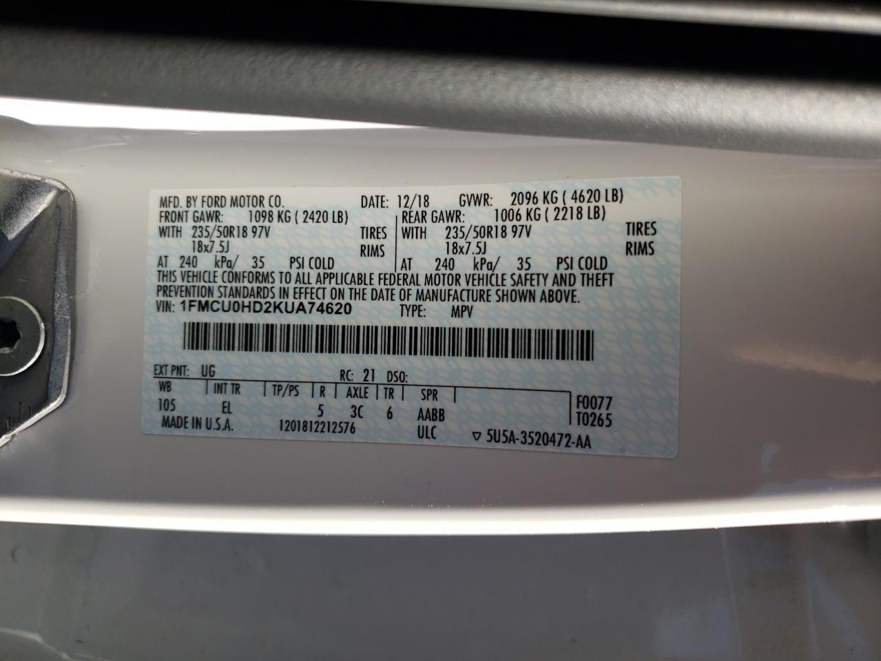 Photo 10 from auction – 2019 FORD ESCAPE SEL with VIN 1FMCU0HD2KUA74620
