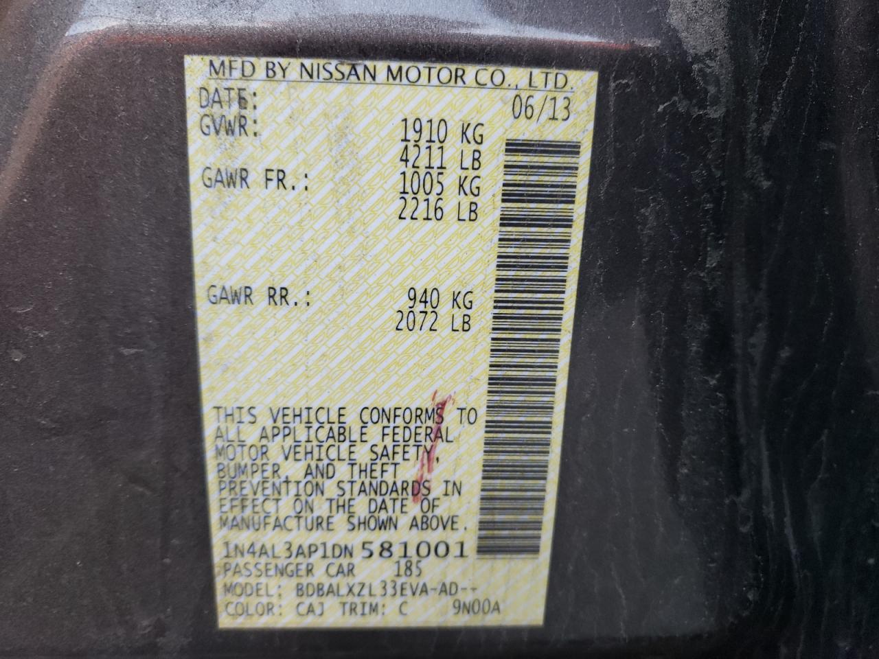 Photo 10 from auction – 2013 NISSAN ALTIMA 2.5 with VIN 1N4AL3AP1DN581001